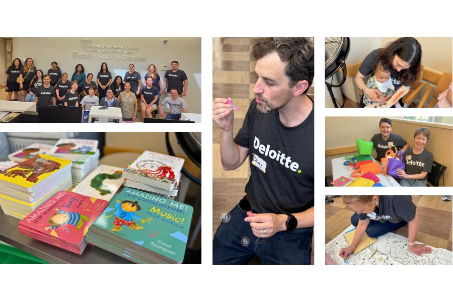 featured image for Saint Joseph’s Medical Center Welcomes Volunteers at Family Health Center for Story Time and More – Volunteers from Deloitte read stories to young children, spruced up the waiting room, and gave out goody bags as part of the Reach Out & Read Program post